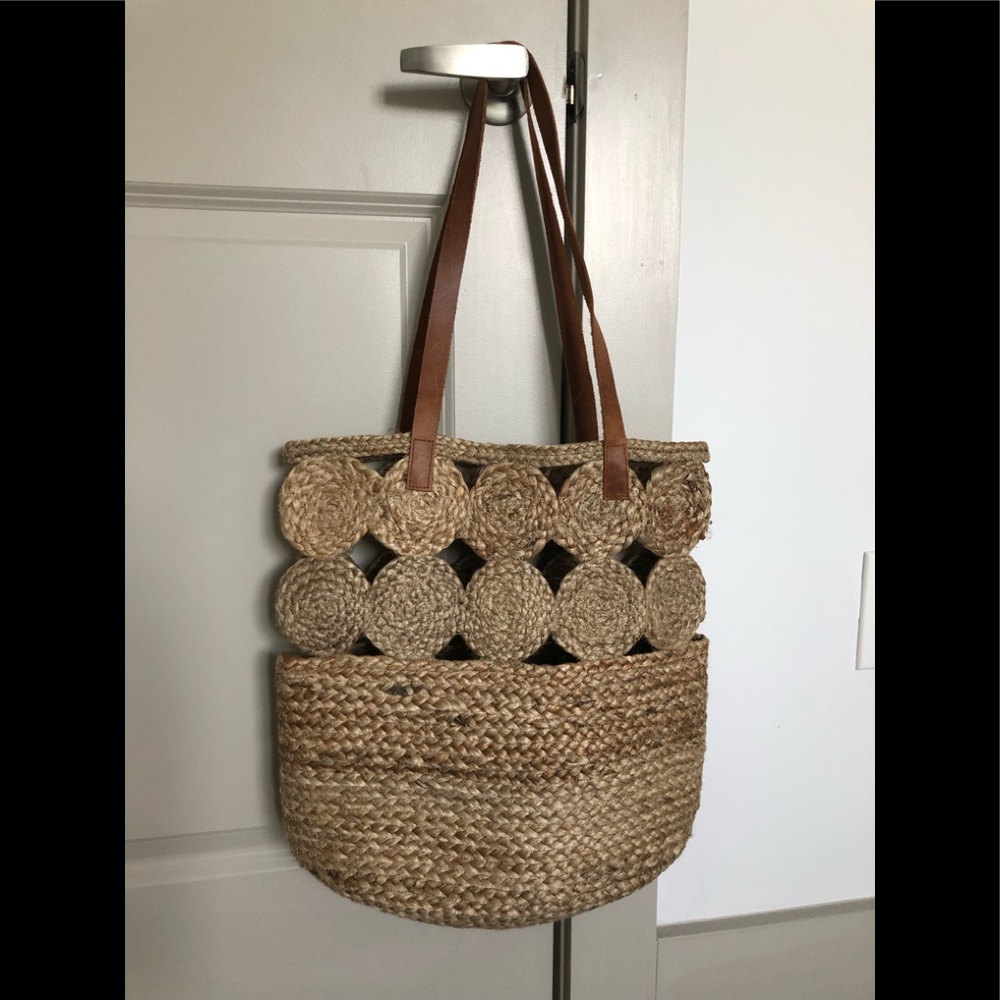 Jute Tote Bag / Beach Bag, Leather Handles